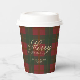 Vasos De Papel Vajilla de Navidad con Tartán Rojo Verde