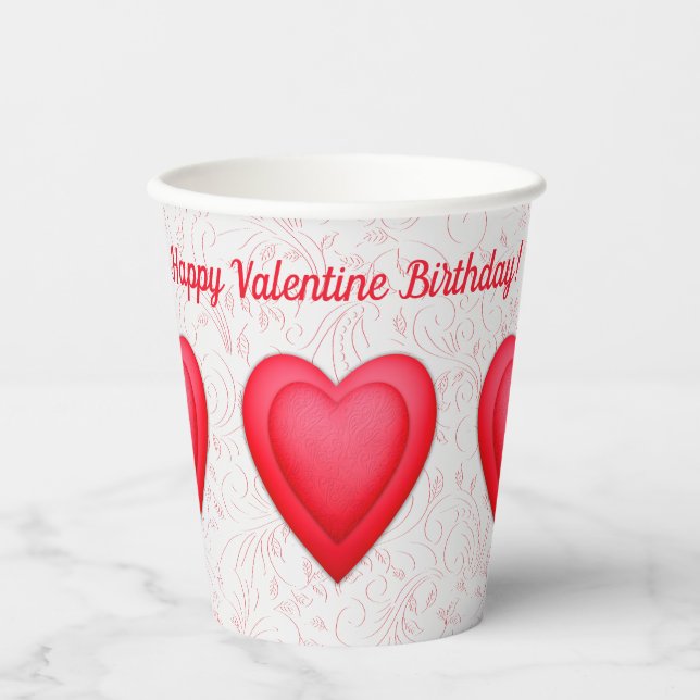 Vasos De Papel Valentine Birthday Fancy Red Hearts (Anverso)