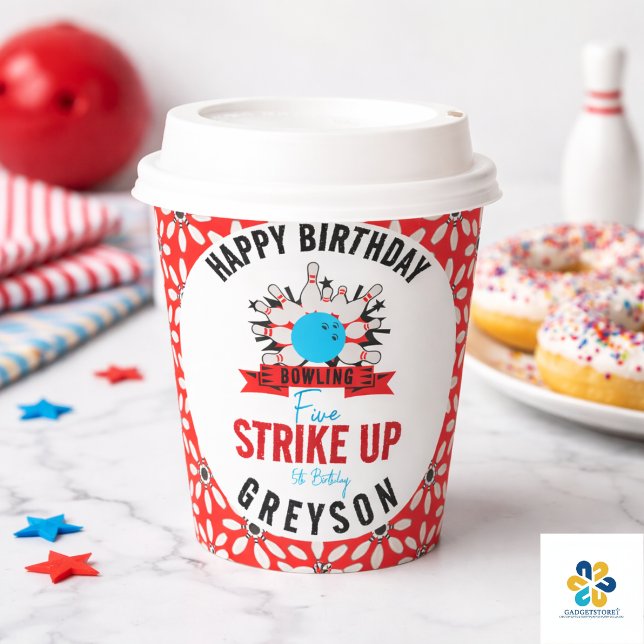 Vasos De Papel ¡Vamos a jugar bolos! Fiesta divertida de cumpleañ (Let’s Bowl! Fun Kids 5th Birthday Party Bowling Paper Cups)