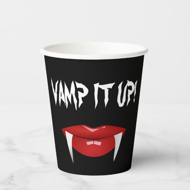 Vasos De Papel "¡VAMOS!" Halloween de Vampiros Fangs (Anverso)