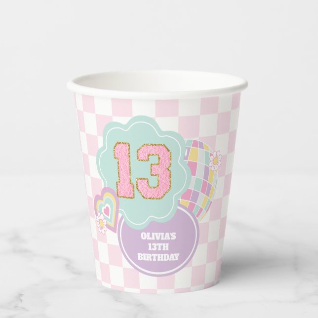 Vasos De Papel Varsity elegante parche pastel cumpleaños 13 (Anverso)