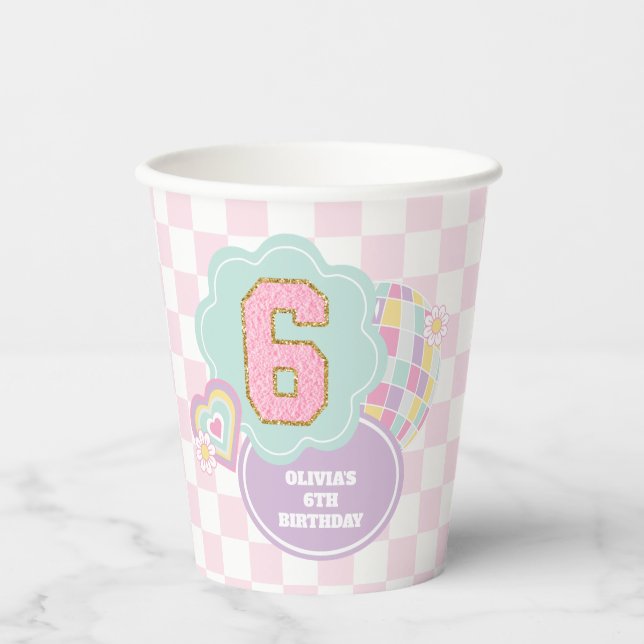 Vasos De Papel Varsity preppy pastel parche 6 cumpleaños (Anverso)
