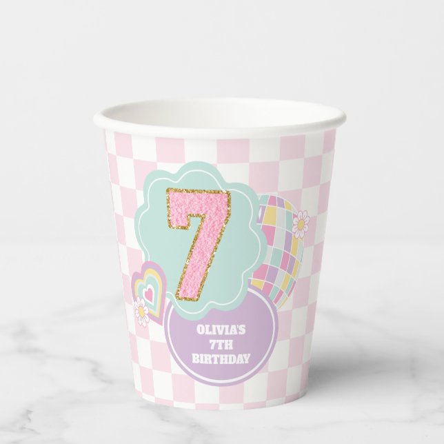 Vasos De Papel Varsity preppy pastel parche 7 cumpleaños (Anverso)