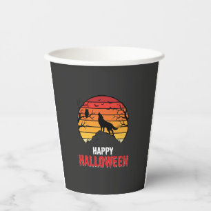 Vasos De Papel Vector Lobo Atardecer Feliz Halloween