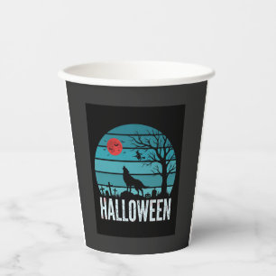 Vasos De Papel Vector Luna Cementerio Lobo Halloween