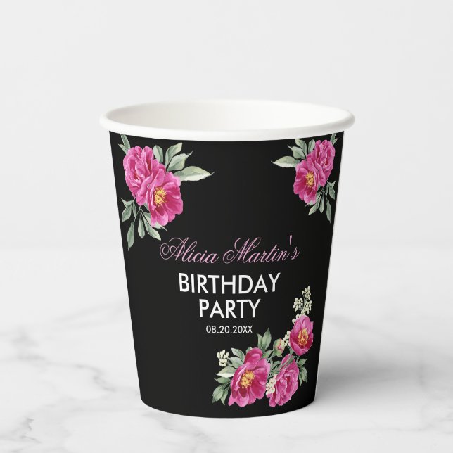 Vasos De Papel Vegetación floral de peones violeta roja cumpleaño (Reverso )