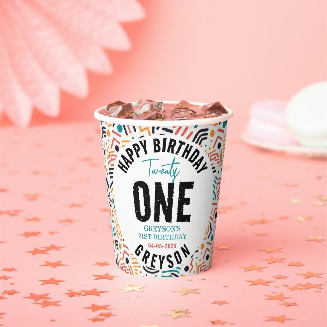 Vasos De Papel Veintiuno | Geométrico colorido 21º cumpleaños (in situ)