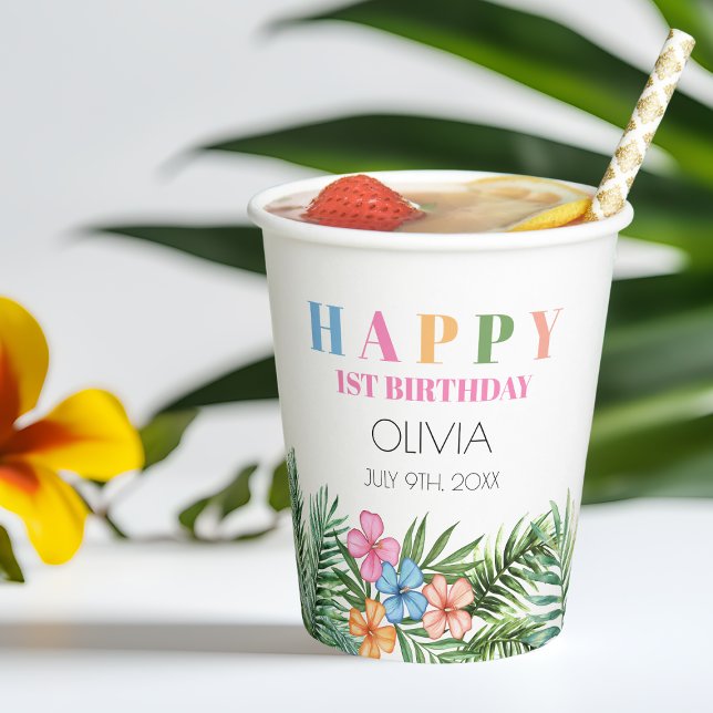 Vasos De Papel Verano tropical Flamingo Chica Feliz primer cumple (Tropical Summer Flamingo Girl Happy 1st Birthday Paper Cups)
