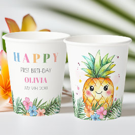 Vasos De Papel Verano Tropical Pineapple Niños Felices Primer Cum
