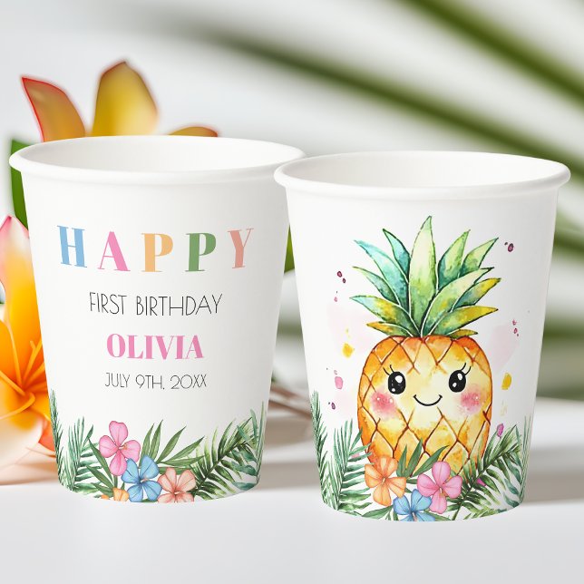 Vasos De Papel Verano Tropical Pineapple Niños Felices Primer Cum (Tropical Summer Pineapple Kids Happy 1st Birthday Paper Cups)