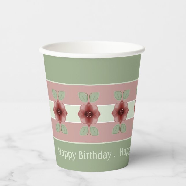 Vasos De Papel Verde con acentos florales (Anverso)