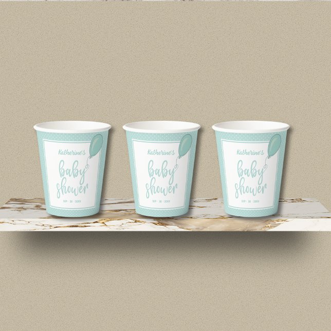 Vasos De Papel Verde neutro pastoral de género Baby Shower (Pastel Green Gender Neutral Baby Shower Paper Cups with Polka Dot, Balloon, Mom's Name, Date.)