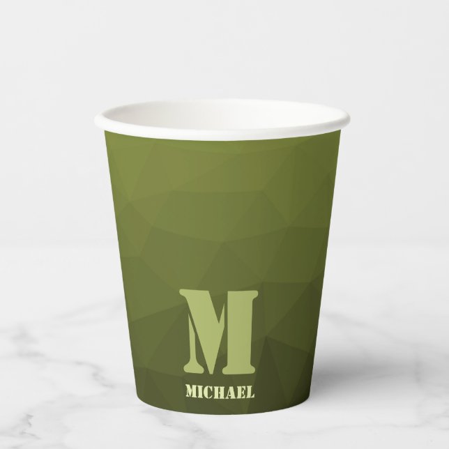 Vasos De Papel Verde oliva militar estampado geométrico de malla  (Anverso)