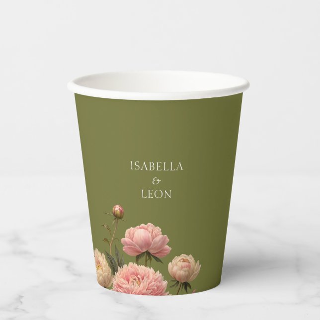 Vasos De Papel Verde oliva y Boda Rosa (Anverso)