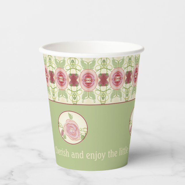 Vasos De Papel Verde Rosa Floral Y Crema (Anverso)