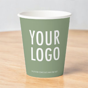 Vasos de papel verde salvia con logotipo empresari