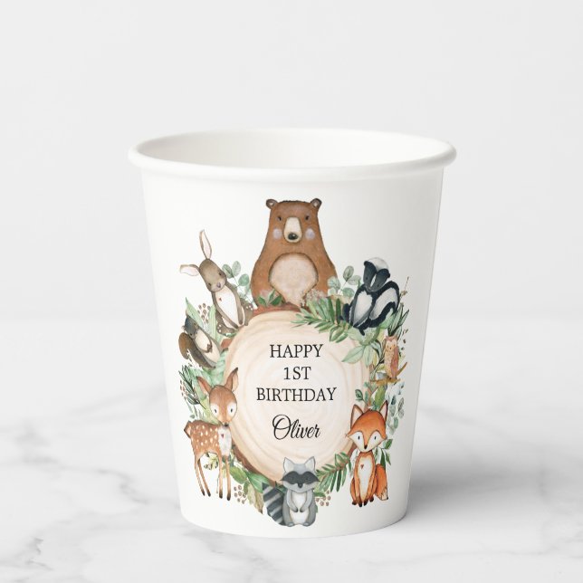 Vasos De Papel Verdor Bosque de Woodland Animales Felices Cumplea (Reverso )