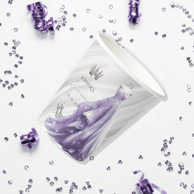 Vasos De Papel Vestido púrpura plateado Princesa Quinceañera Clas (Silver Purple Dress Princess Quinceañera Classic Paper Cups)