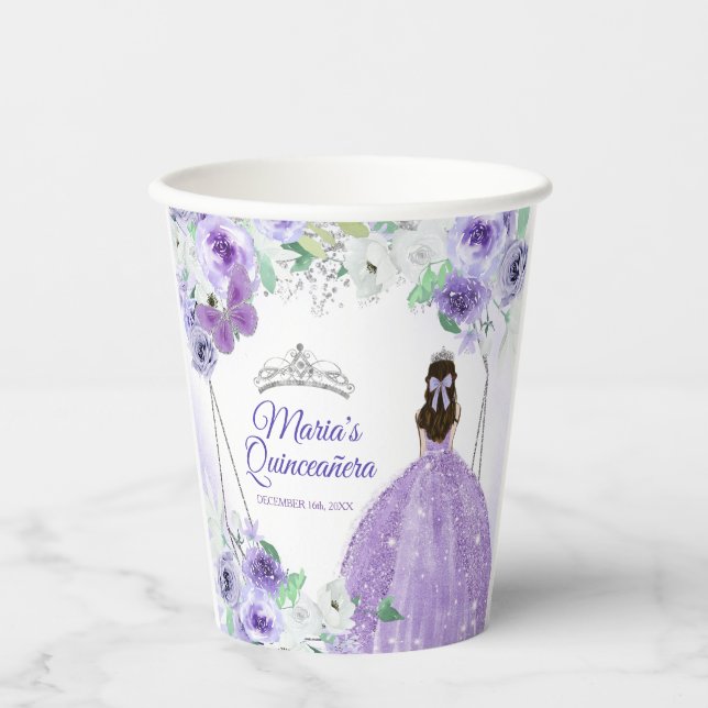Vasos De Papel Vestidos de plata y morado Quinceañera cumpleaños  (Anverso)