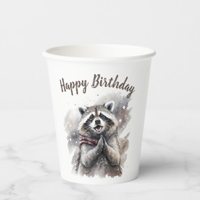 Vasos De Papel Vibes de invierno Raccoon - Fiesta de cumpleaños - (Anverso)