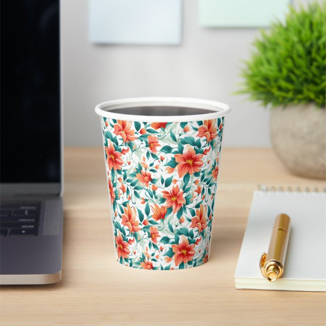 Vasos De Papel Vibrant Orange Floral Garden Pattern - Elegant Tea (in situ)