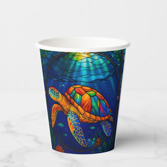 Vasos De Papel Vibrant Stained Glass Sea Turtle Ocean Design (Anverso)