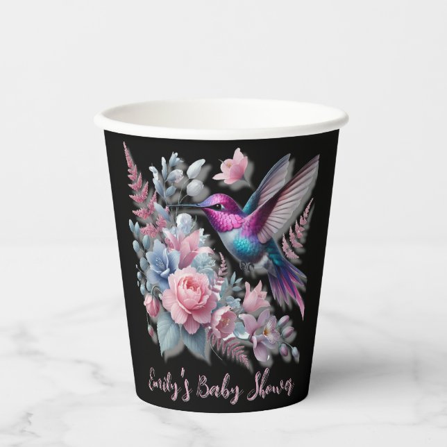 Vasos De Papel Vibrante Hummingbird Y Baby Shower De Blooms Rosa (Anverso)