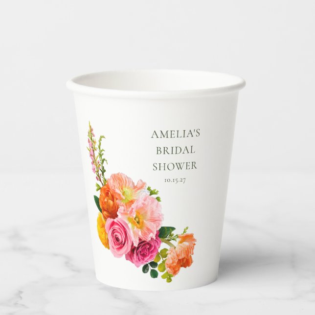 Vasos De Papel Vibrantes pimientos rosados Floral Bloom Bridal Sh (Anverso)