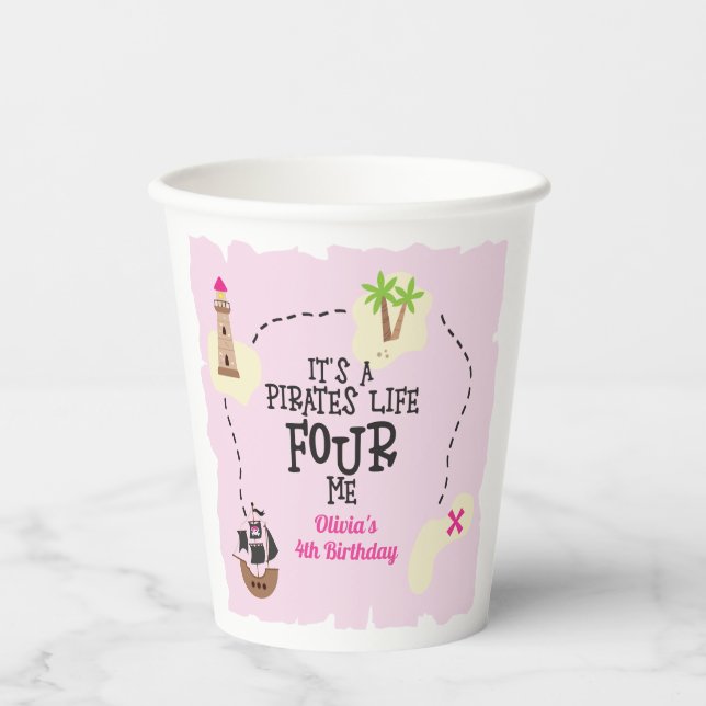 Vasos De Papel Vida de pirata PARA mí Cumpleaños rosa (Anverso)