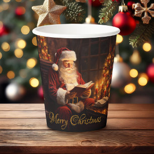 Vasos De Papel Viejo Santa leyendo un libro