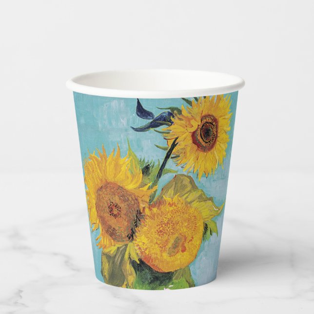 Vasos De Papel Vincent Van Gogh - Tres girasoles en una caja (Anverso)