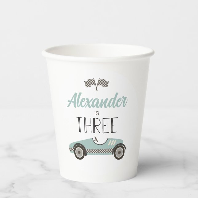 Vasos De Papel Viñeta de Carrera Tres Cumpleaños (Anverso)