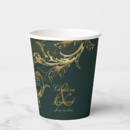 Vasos De Papel Vintage Emerald Green Gold Floral Damask Wedding