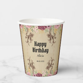 Vasos De Papel Vintage Maroon Gold Flower Parchday