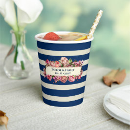 Vasos De Papel Vintage Nautical Naval Blue Stripes Floral Boda
