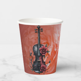 Vasos De Papel Violín negro gótico con rosas rojas