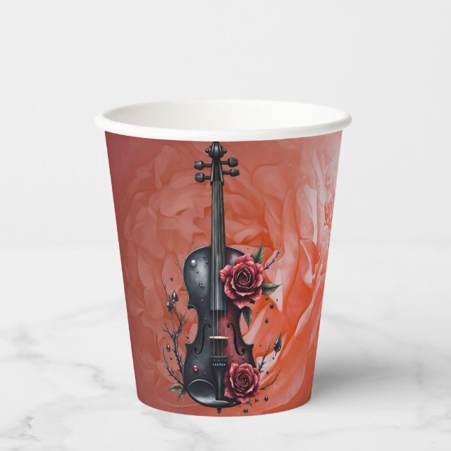 Vasos De Papel Violín negro gótico con rosas rojas (Anverso)