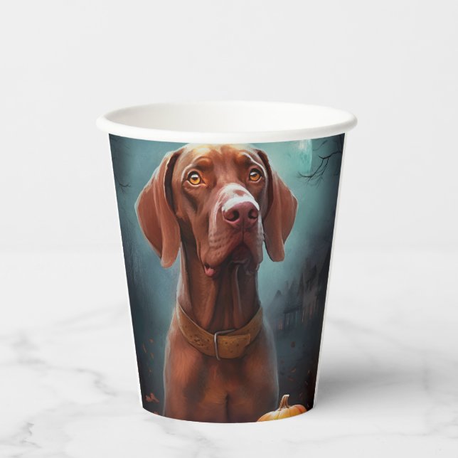 Vasos De Papel Vizsla de Halloween con calabazas aterradoras (Anverso)