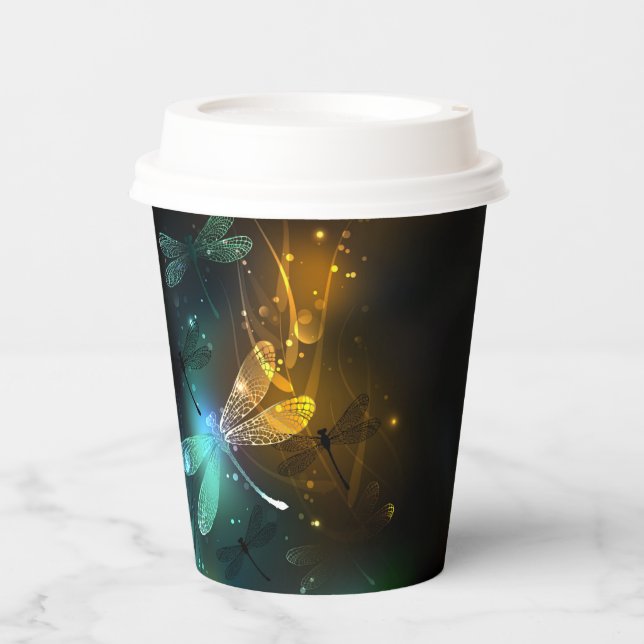 Vasos De Papel Vuelo de libélula luminosa verde (Anverso)