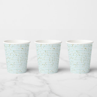Vasos De Papel Watercolor Aqua Blue Stripe and Gold Polka Dot