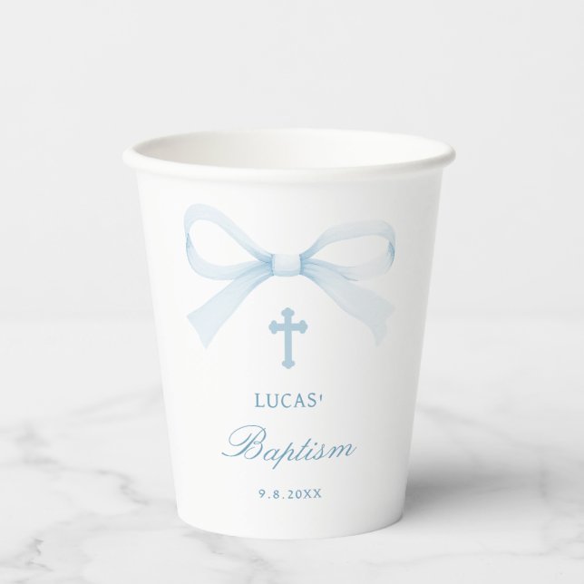 Vasos De Papel Watercolor Blue Bow Baptism (Anverso)