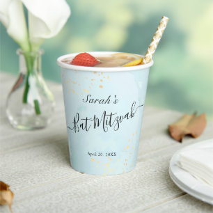 Vasos De Papel Watercolor Blue x Gold Bat Mitzvah Cubos de papel