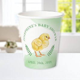 Vasos De Papel Watercolor Chick And Green Leaves Baby Shower