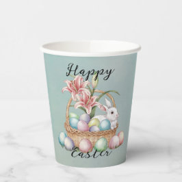 Vasos De Papel Watercolor Lily y Huevos Pastel con conejo en cest