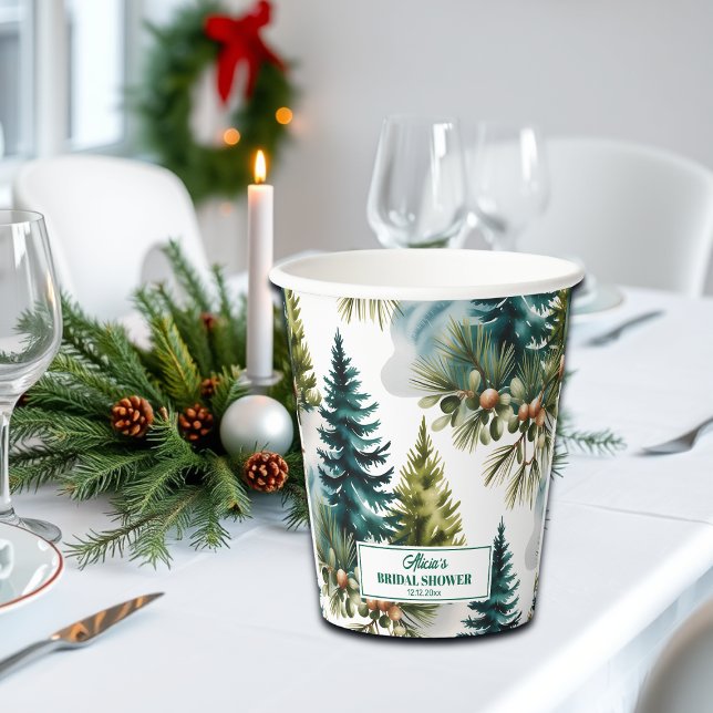 Vasos De Papel Watercolor Pine Pattern Winter Bridal Shower (Subido por el creador)
