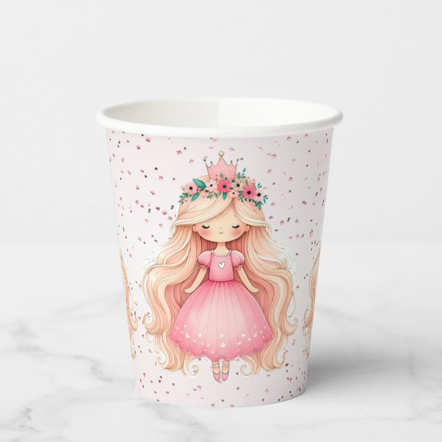 Vasos De Papel Watercolor Pink Princess Birday Party Cute (Izquierda)