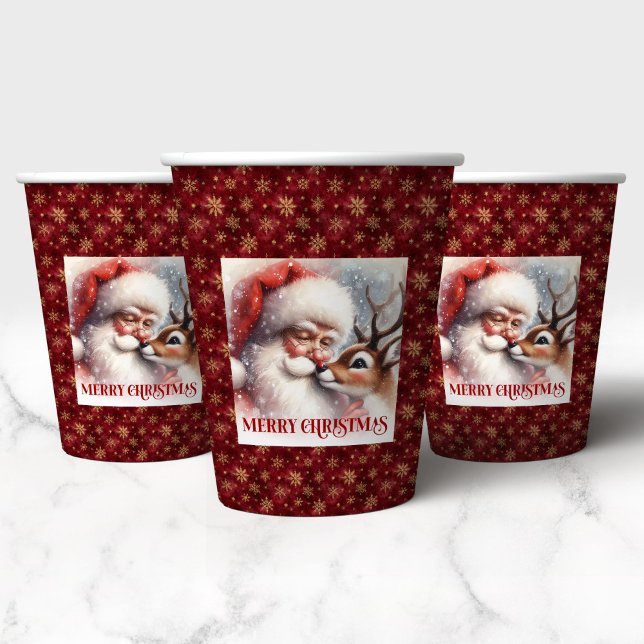 Vasos De Papel Watercolor Santa and Rudolph Classic Christmas   (Watercolor Santa and Rudolph Classic Christmas Party Cups)