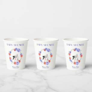 Vasos De Papel Watercolor Stork Blue & Red Floral Wreath