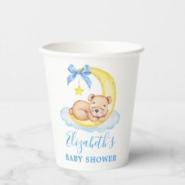 Vasos De Papel Watercolor Teddy Bear Moon Blue Baby Shower