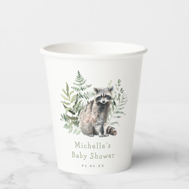 Vasos De Papel Watercolor Woodland Raccoon Baby Shower (Anverso)